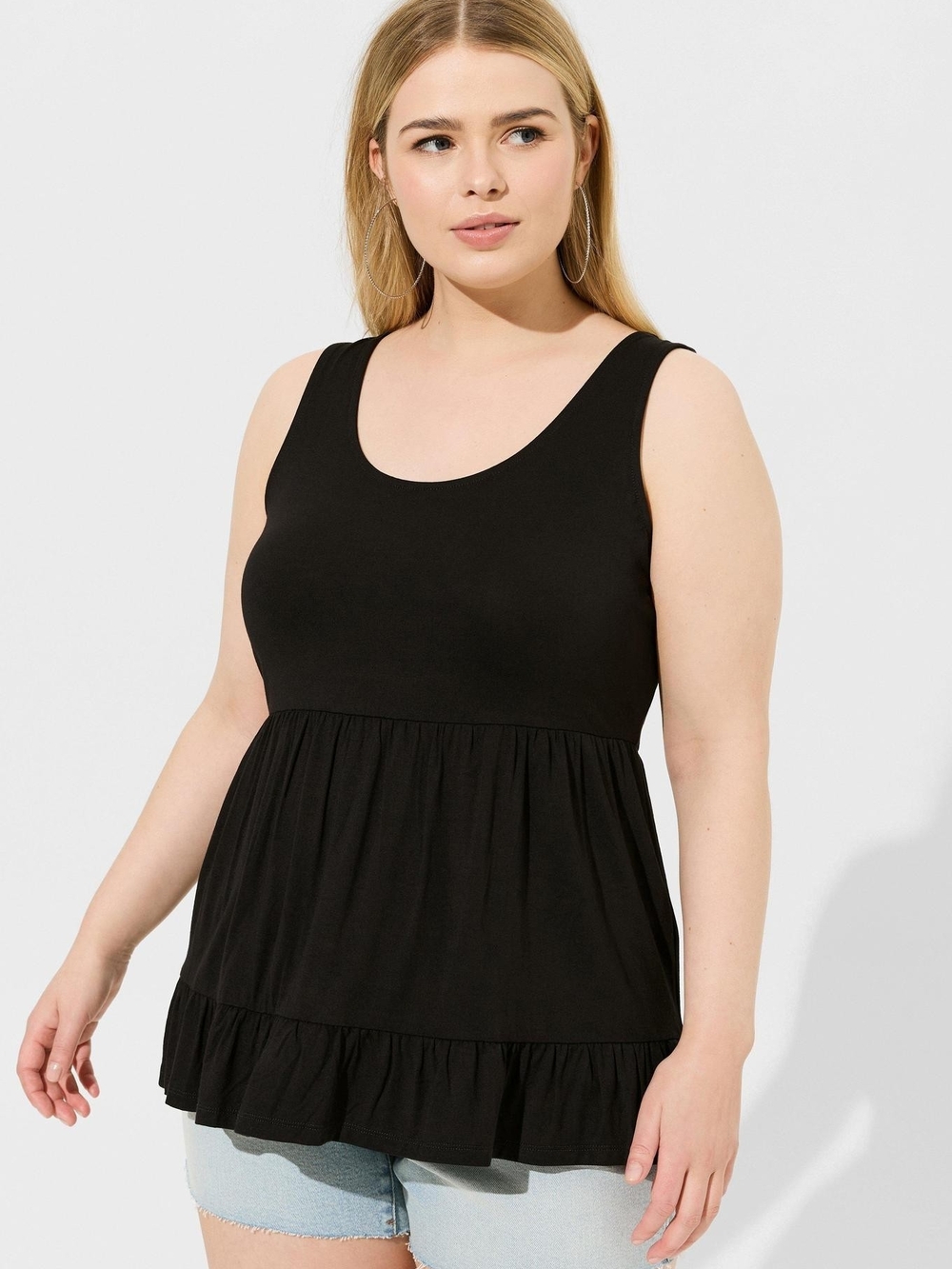 Scoop Neck Black Ruffle-Hem Tank Top